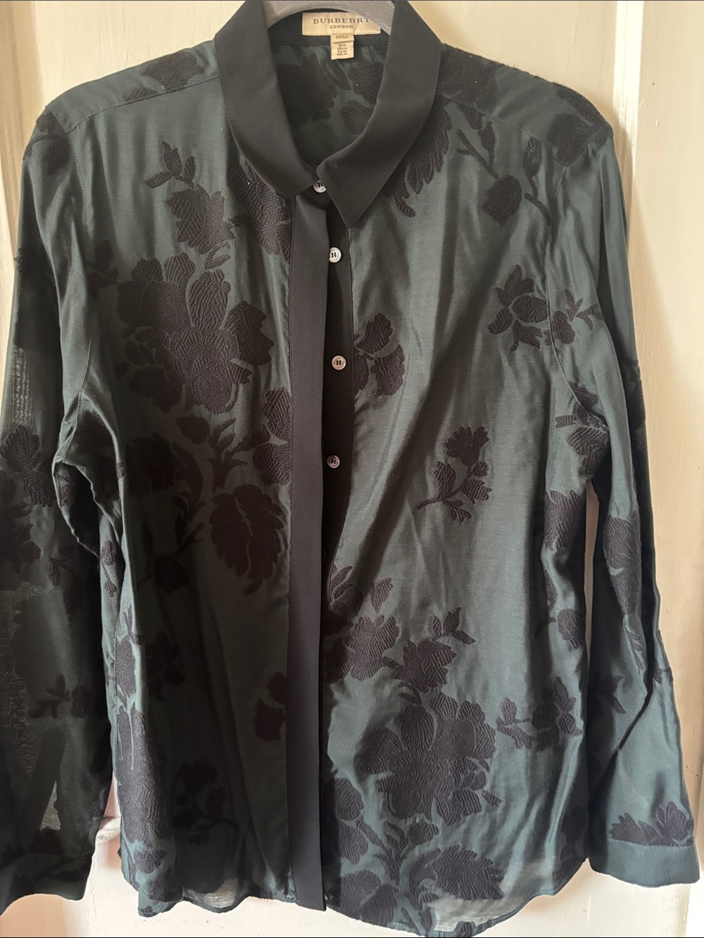 Burberry London Dark Green Floral Jacquard Button-Front Shirt Jacket